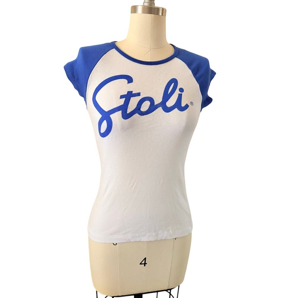 Stoli Vodka T Shirt Womens Small Blue White Raglan Graphic Tee Bella Y2K